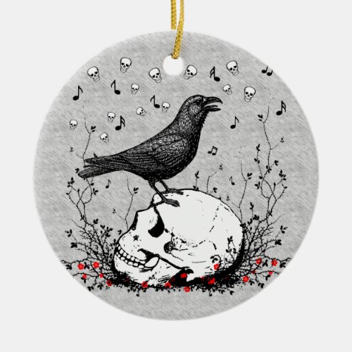 Raven Sings Song of Death on Skull Illustration Ceramic Ornament