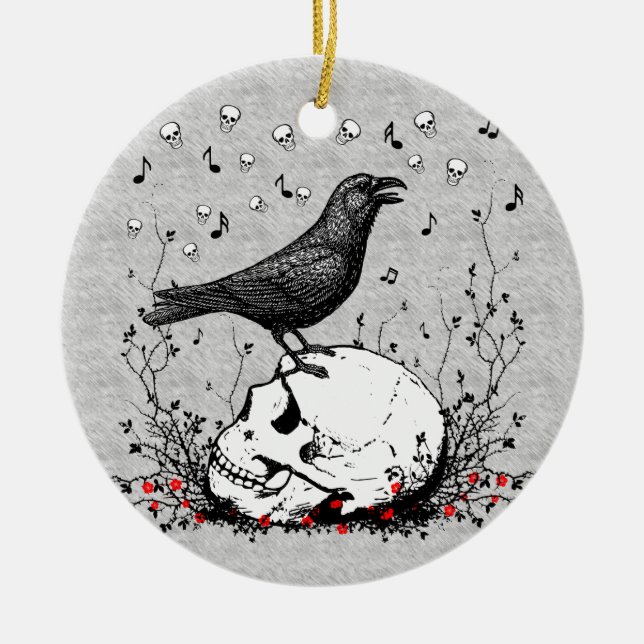 Raven Sings Song of Death on Skull Illustration Ceramic Ornament (Front)