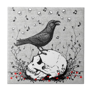 Raven Sings Song of Death on Skull Illustration Ceramic Tile