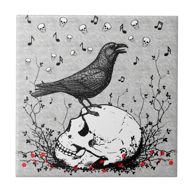 Raven Sings Song of Death on Skull Illustration Ceramic Tile (Front)