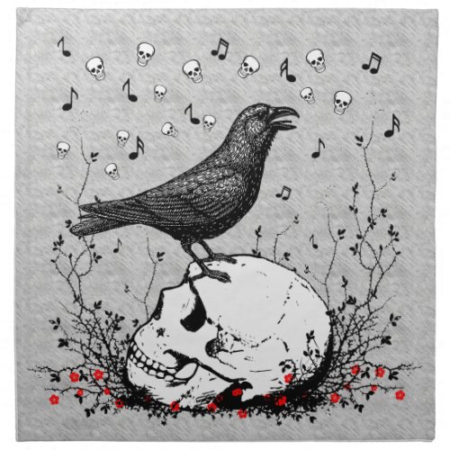 Raven Sings Song of Death on Skull Illustration Cloth Napkin