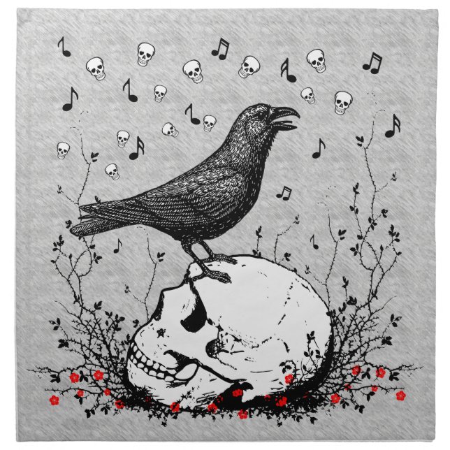 Raven Sings Song of Death on Skull Illustration Cloth Napkin (Front)