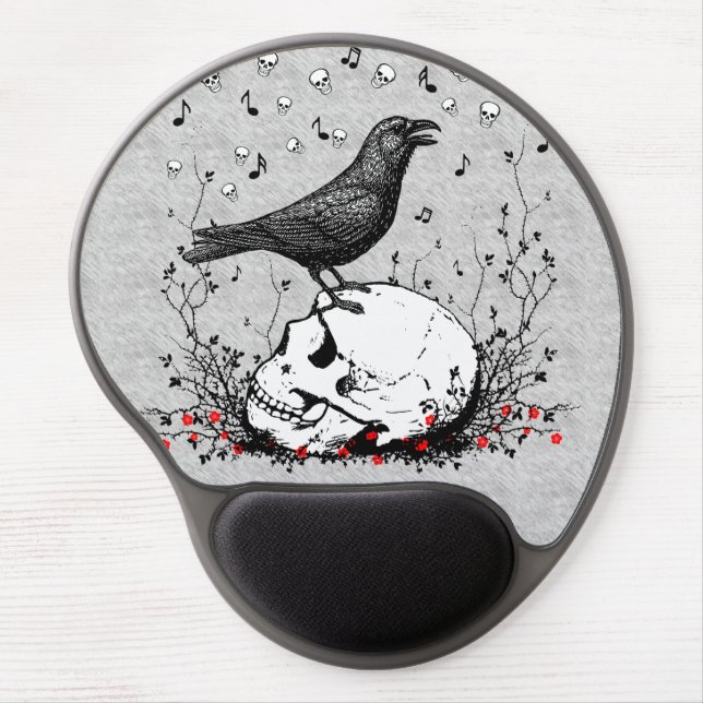Raven Sings Song of Death on Skull Illustration Gel Mouse Pad (Front)