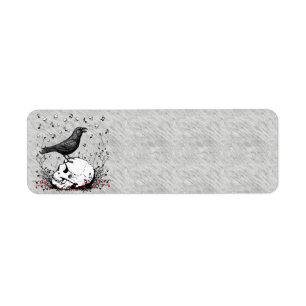 Raven Sings Song of Death on Skull Illustration Label
