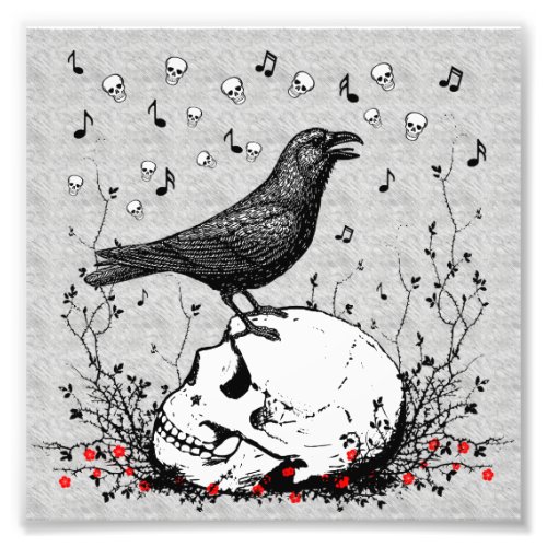 Raven Sings Song of Death on Skull Illustration Photo Print