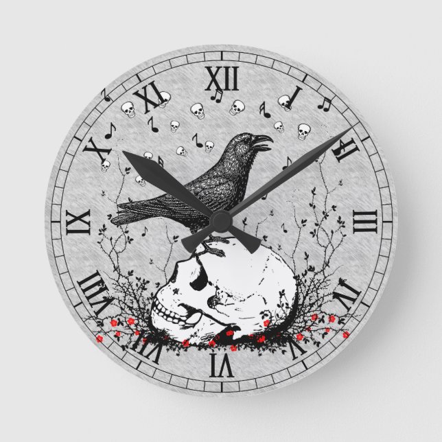 Raven Sings Song of Death on Skull Illustration Round Clock (Front)