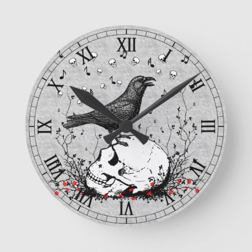 Raven Sings Song of Death on Skull Illustration Round Clock