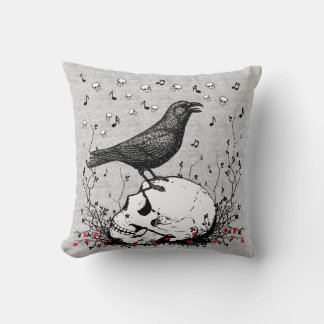 Raven Sings Song of Death on Skull Illustration Throw Pillow