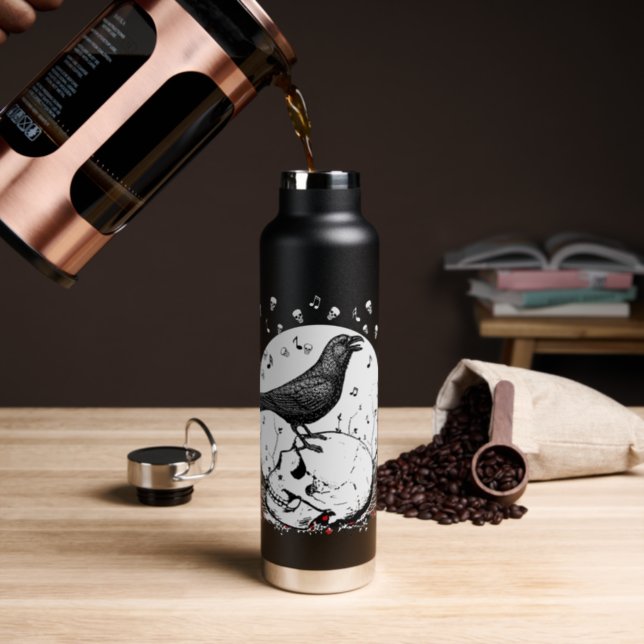 Raven Sings Song of Death on Skull Illustration Water Bottle (Insitu (Coffee))
