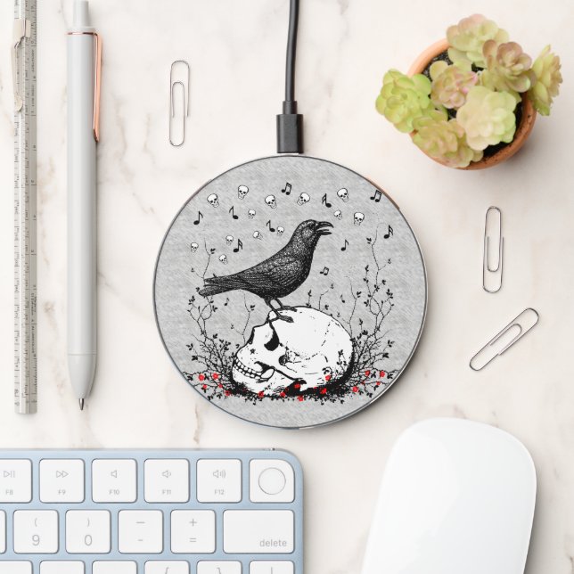 Raven Sings Song of Death on Skull Wireless Charger (Desk)