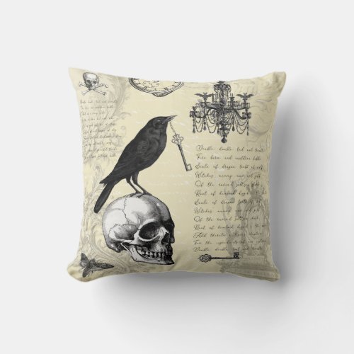 Raven Skull and Chandelier Gothic Halloween Throw Pillow