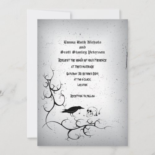 Raven skull and ornate Gothic grey wedding Invitation