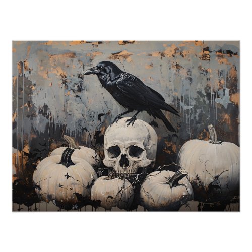 Raven Skull and White Pumpkins Painting Poster