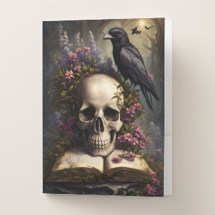 Raven Skull Book and Flowers Gothic Pocket Folder