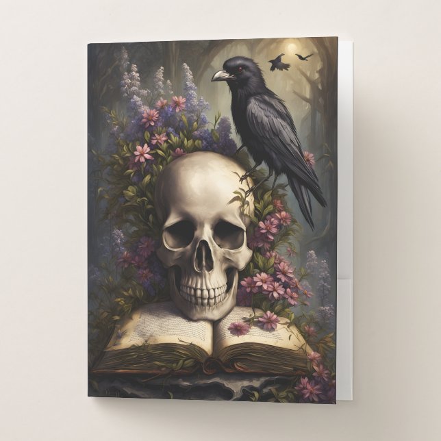 Raven Skull Book and Flowers Gothic Pocket Folder (Front)