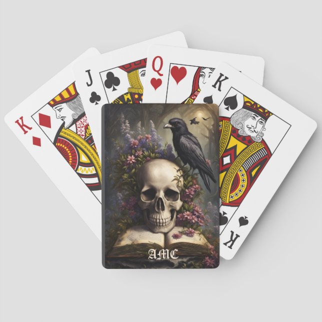 Raven Skull Book and Flowers Poker Cards (Back)