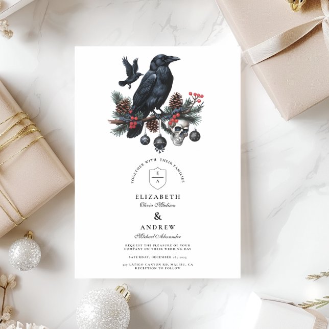 Raven Skull Gothic Holiday Wedding Invitation (Creator Uploaded)