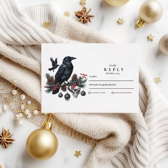 Raven Skull Gothic Holiday Wedding RSVP Card (Creator Uploaded)