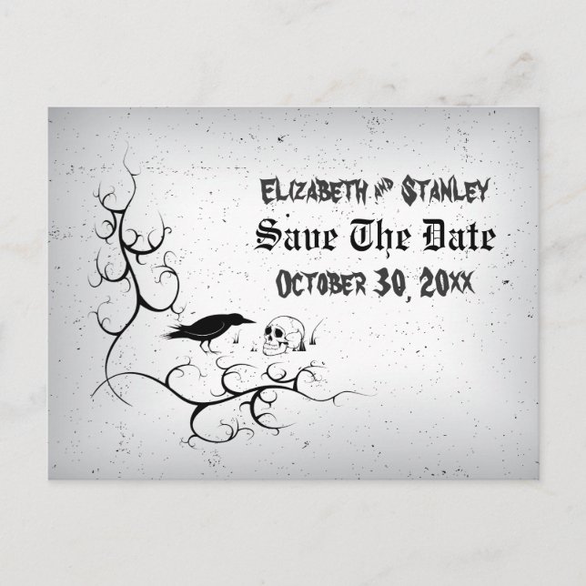 Raven skull Halloween Gothic wedding Save the Date Announcement Postcard (Front)