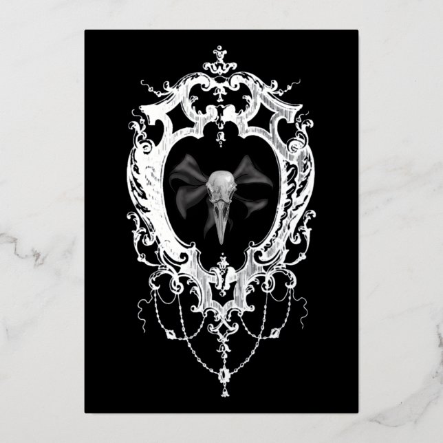 Raven Skull Silver Frame Goth Wedding Foil Invitation (Front)