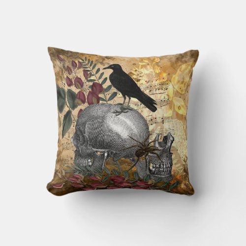 Raven Skull Vintage Throw Pillow