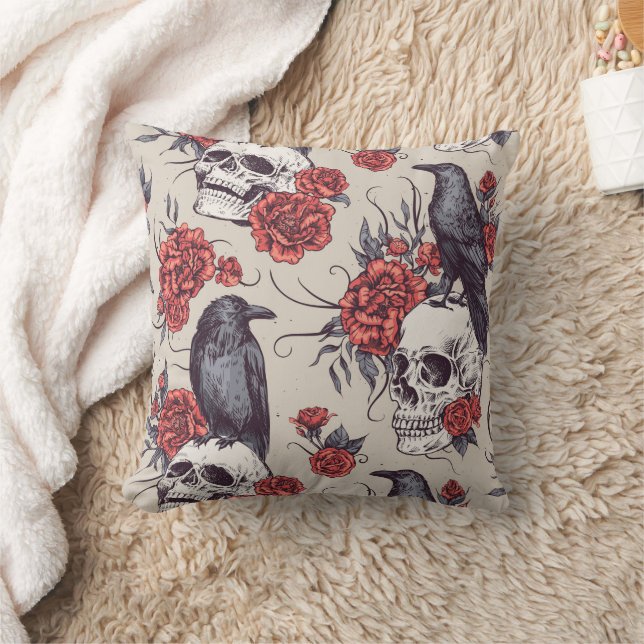 Raven Skulls Roses Throw Pillow (Blanket)