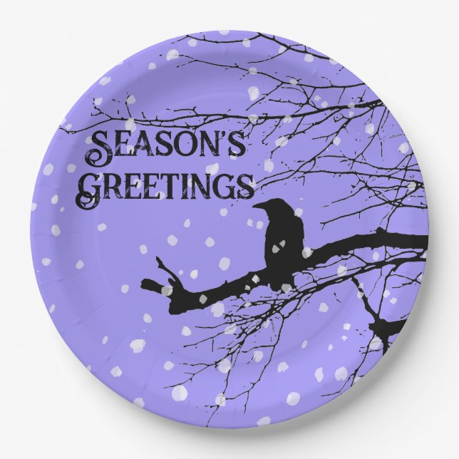 Raven Snow Winter Seasons Greetings Paper Plates (Front)