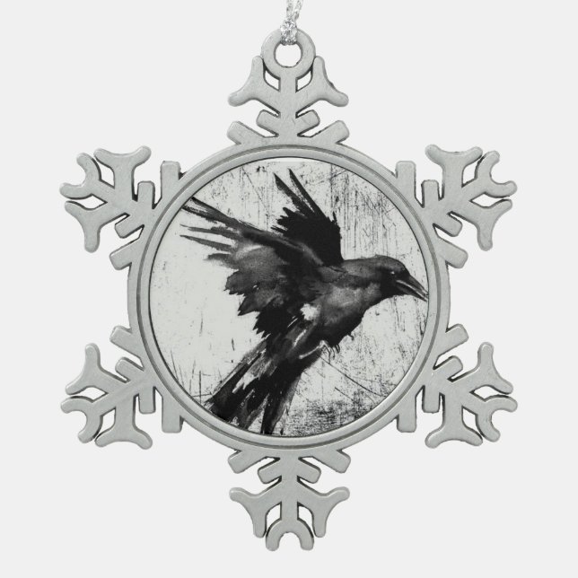 Raven snowflake pendant pewter christmas ornament (Front)