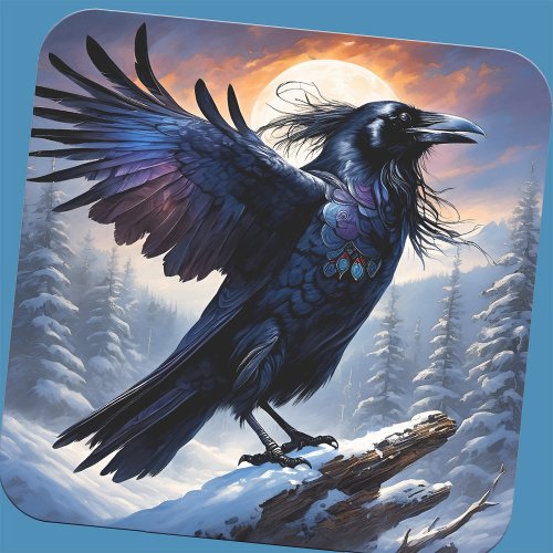 Raven Spirit Winter Solstice Full Moon Forest Bird Square Sticker