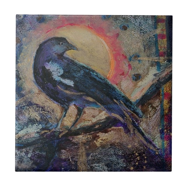Raven Sun Art Maureen Girard Bird Messenger Ceramic Tile (Front)