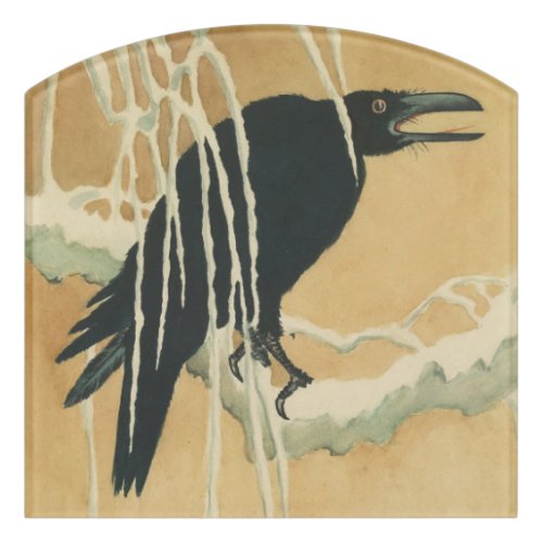 Raven tree branch crow black bird winter vintage  door sign