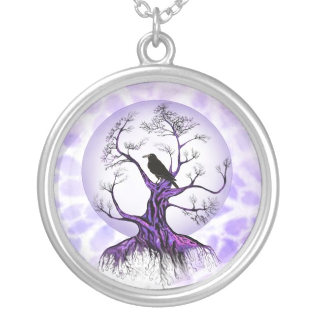 Raven Tree Lavender Purple Moon Crow Necklace (Front)
