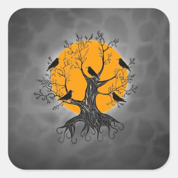 Raven Tree With Moon Square Sticker by AutumnRoseMDS at Zazzle
