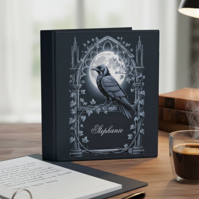 Raven Under Moon Gothic Midnight  3 Ring Binder (Personalized gothic black raven 3 ring binder)