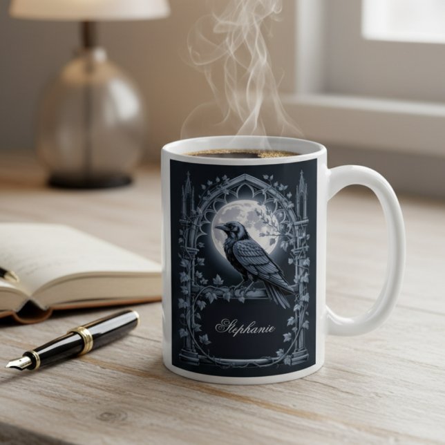 Raven Under Moon Gothic Midnight Coffee Mug (Black gothic personalized raven coffee mug
)