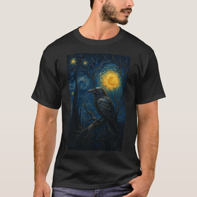 Raven Under Starry Night Gothic Art T-Shirt (Front)