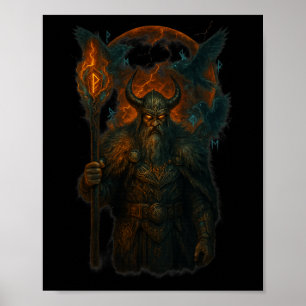 Raven Viking Halloween Design Norse Sorcerer Moon Poster