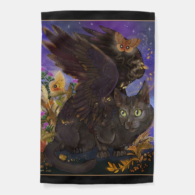 Raven Winged Autumn Magic Cat Garden Flag (Front)
