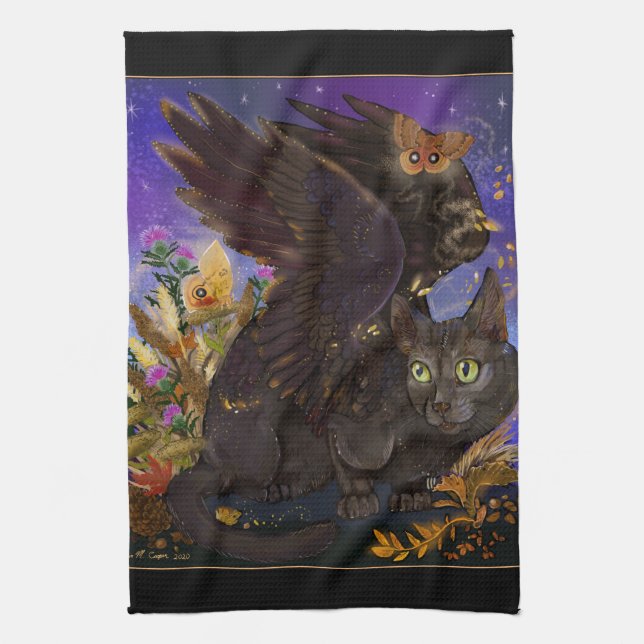 Raven Winged Autumn Magic Cat Kitchen Towel (Vertical)