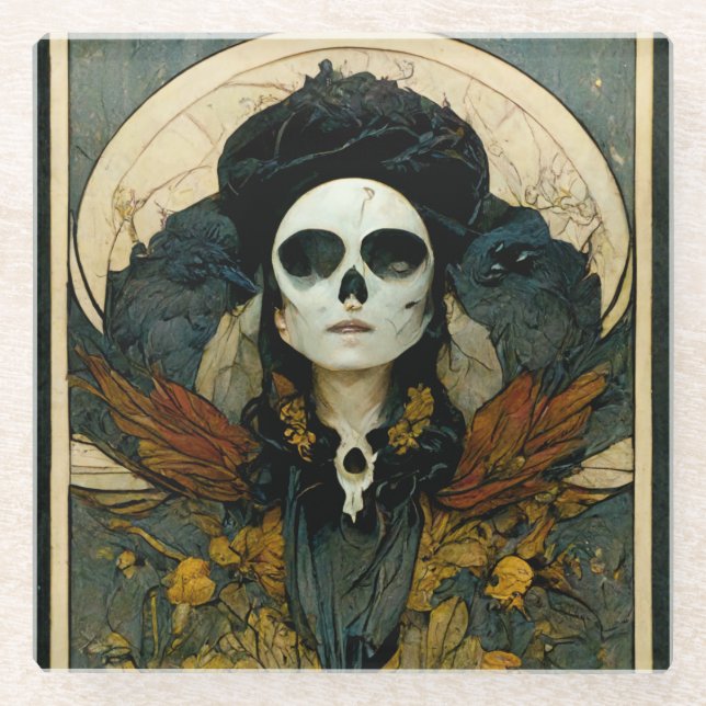 Raven Witch Fantasy Horror Goth Gothic Glass Coaster (Front)