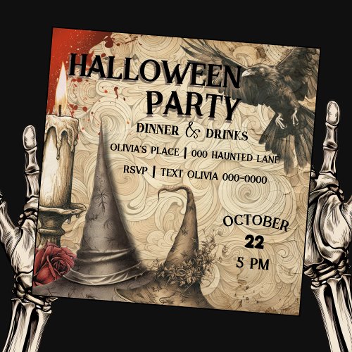 Raven  Witch Hats  Candle  Rose Halloween Party Invitation