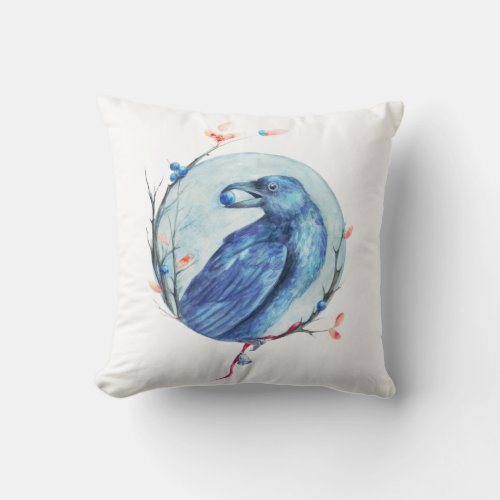 Raven with a berry in its beak watercolor throw pillow