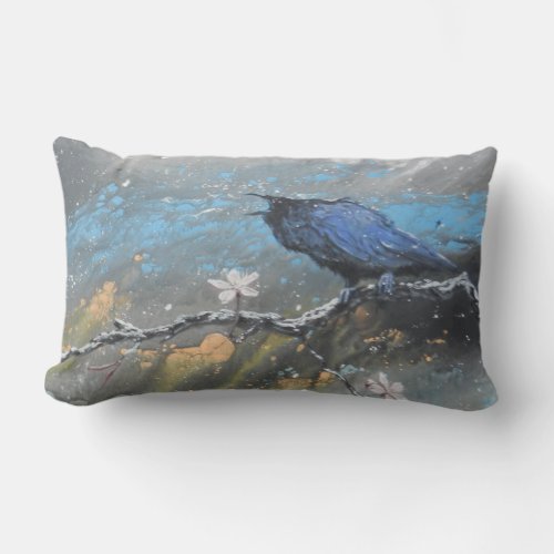 Raven with cherry blossoms in snow lumbar pillow