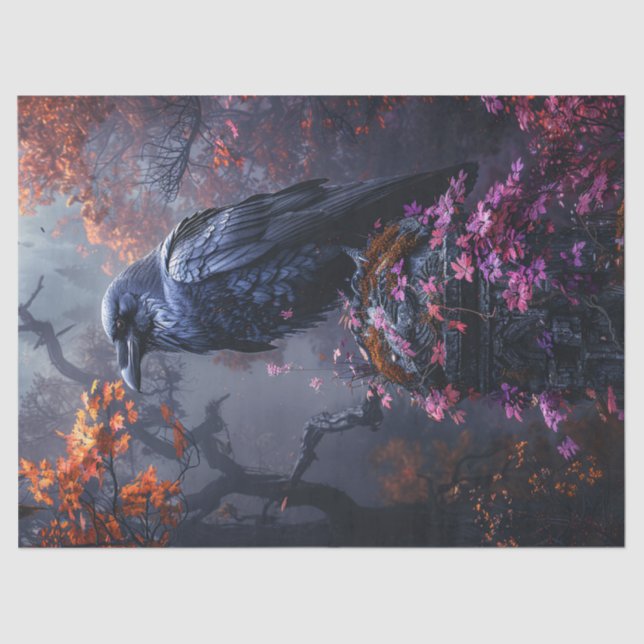 Raven with Colorful Autumn Foliage Decoupage Tissue Paper (Front)