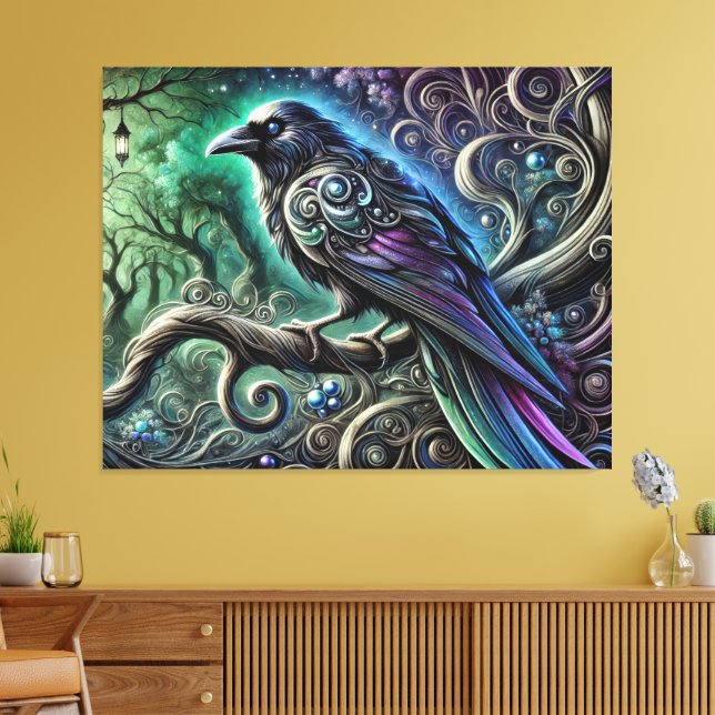 Raven with Iridescent Feathers in Enchanted Forest Canvas Print (Insitu(LivingRoom))