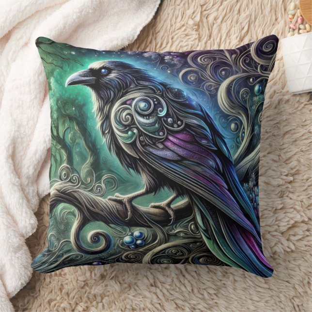 Raven with Iridescent Feathers in Enchanted Forest Throw Pillow (Blanket)
