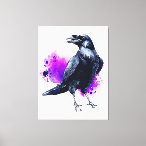 Raven With Purple Watercolor Splash Background Canvas Print