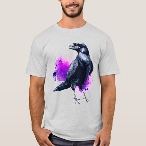 Raven With Purple Watercolor Splash Background T_Shirt