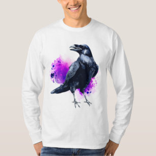Raven With Purple Watercolor Splash Background T-Shirt