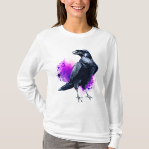 Raven With Purple Watercolor Splash Background T-Shirt
